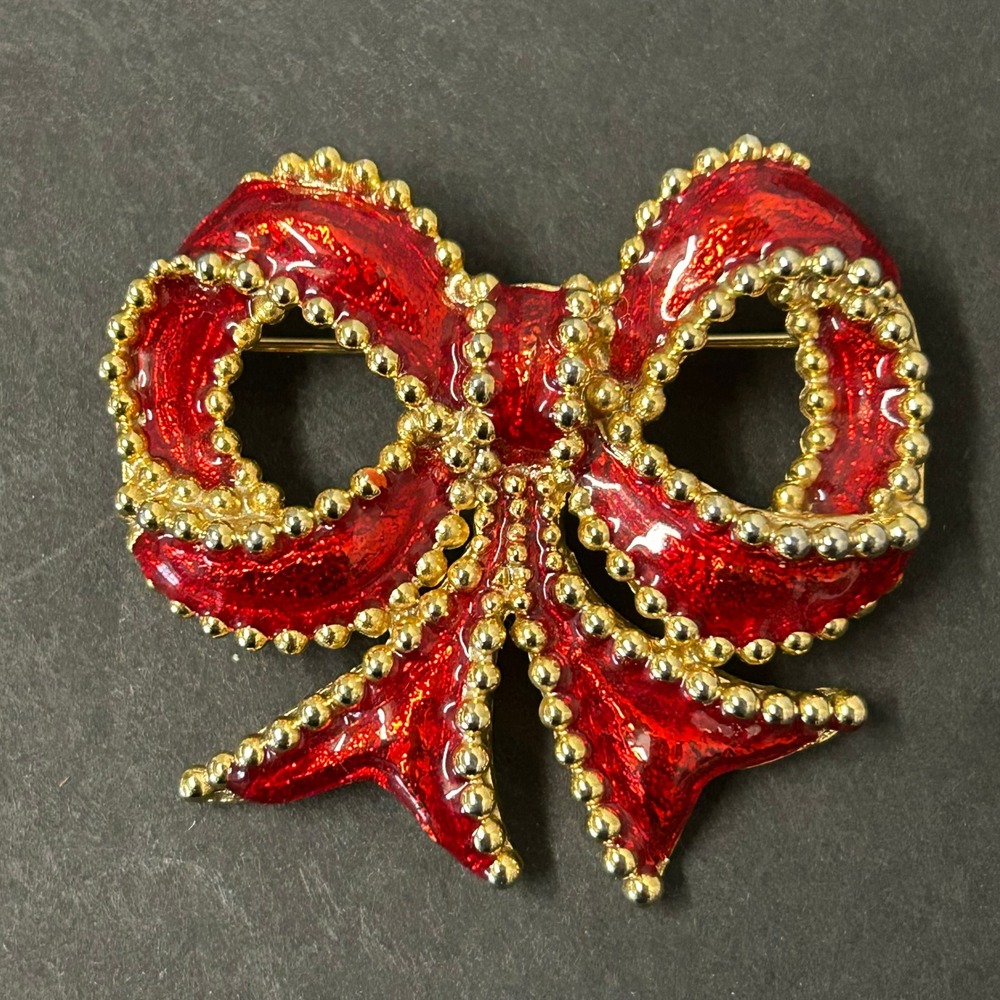 Vintage Inspired Bow Brooch Excellent Festive Holiday Red Glitter Enamel Gold